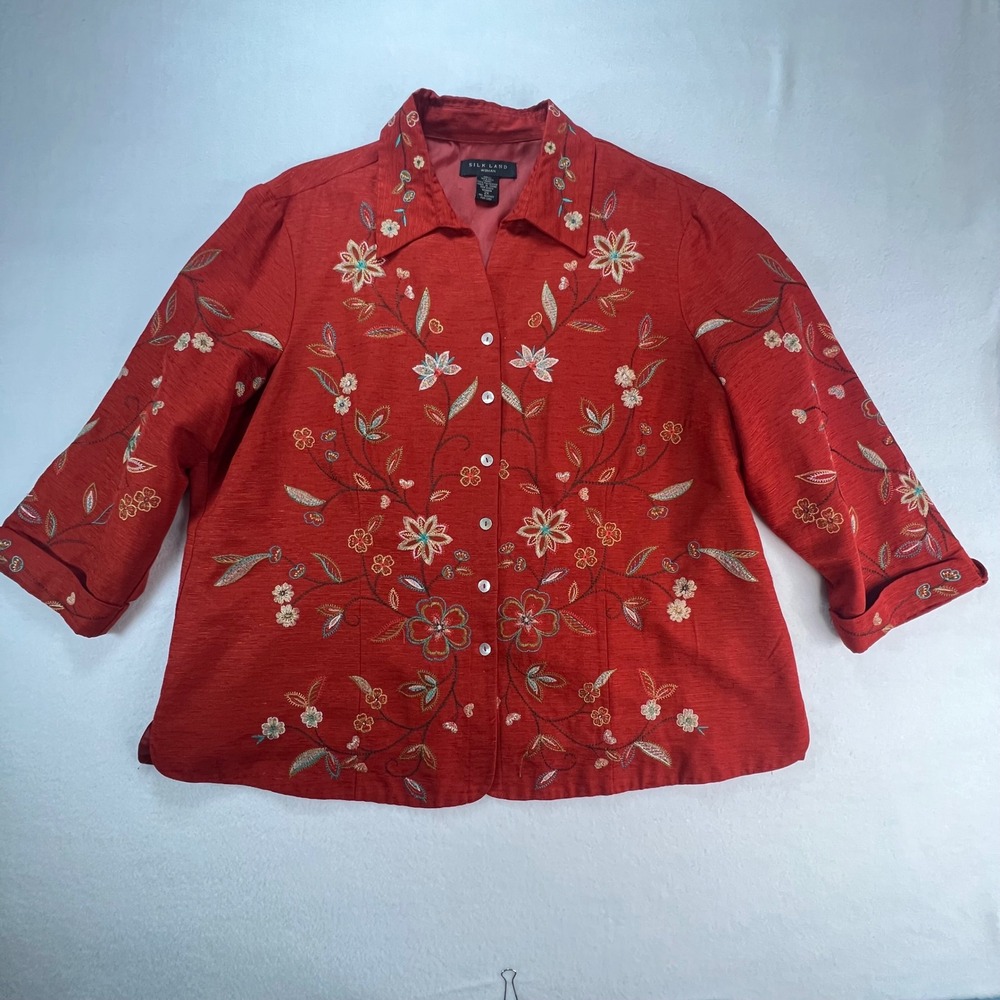 Silk Land Woman‎ Rust Red Embroidered 100% Silk Floral Jacket Plus Size 2X Boho